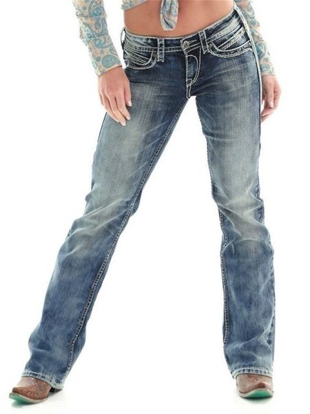 

women's jeans wanita pensil denim lurus retro celana kasual kantung tengah pinggang panjang elastis koboi 230426, Blue