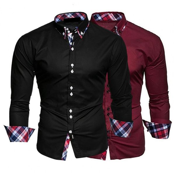 

men's casual shirts slim men plaid turndown collar singlebreasted formal dress spring male polo business camisa tshirt 230426, White;black