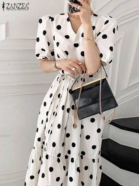 

dresses women bohemian polka dots print dress summer sundress zanzea casual short puff sleeve party holiday dress 2022 vestido oversized, Black;gray