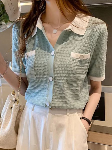 

women's t shirt baju fashion korea kaus lengan pendek wanita atasan kardigan kerah lipat rajutan camisetas mujer musim panas 2023 23042, White