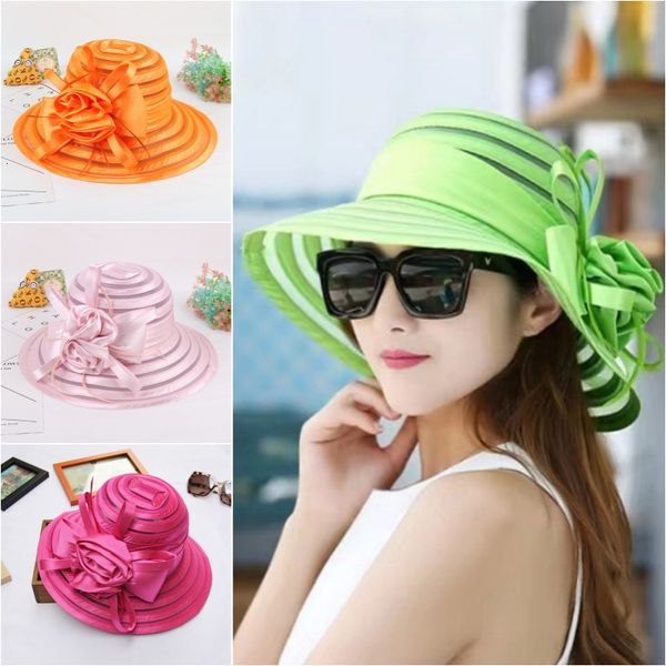 

caps hats fashion elegant organza wide brim summer hat big flower fedora hat beach sun hats for women ladies wedding church party hat 230427, Yellow