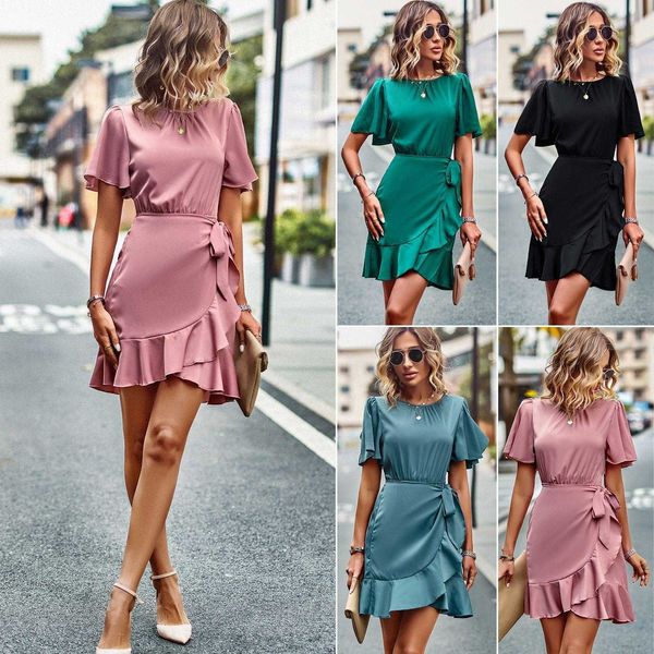 

diyuntong ruffled dress for women summer elegant round neck solid color short, Black;gray