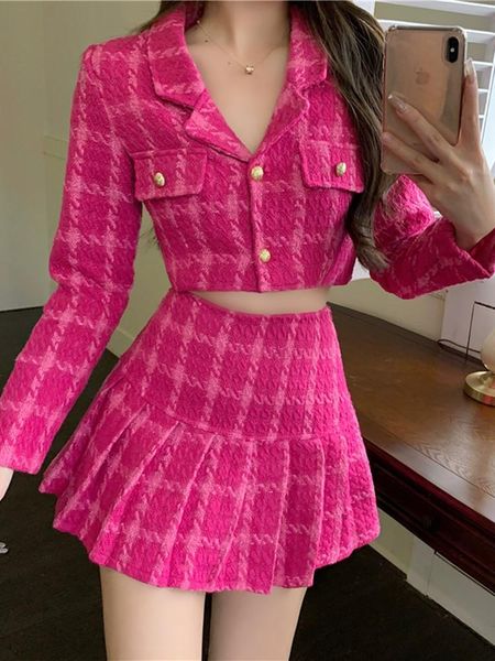 

pants 2 piece sets rose pink plaid women cropped tweed blazer high waist pleasted mini skirts suits ladies fashion matching set, White