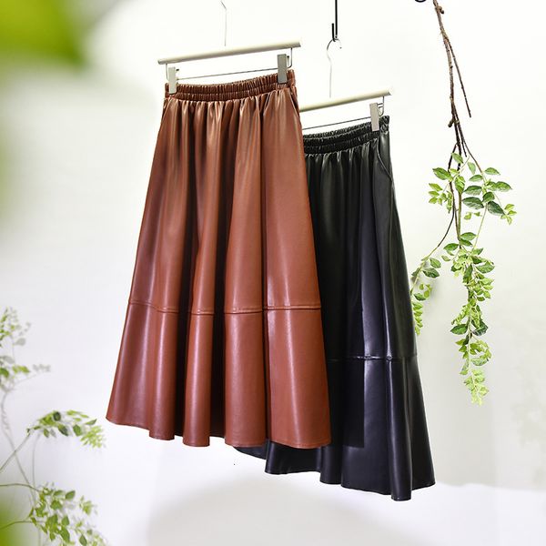 

skirts 2023 spring autumn women's highwaisted skirt fashion casual long pu leather female aline umbrella femme k134 230426, Black