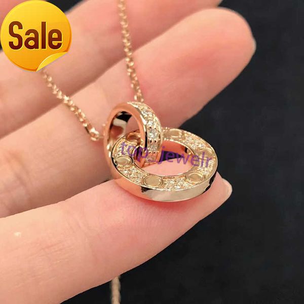 

fashion necklace jewelry designer lover mens gold necklace womens double ring double row diamond round cake pendant love necklaces couple gi, Silver