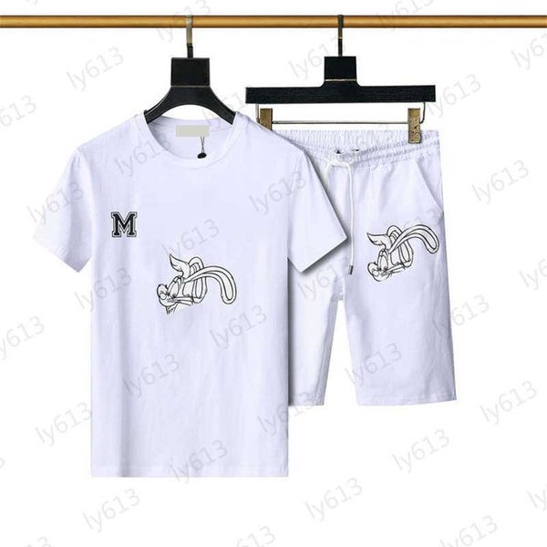 

mens white designer clothes sets summer fashion leisure luxury classic rabbit cartoon printing round neck pure cotton short sleeve pants two, Gray