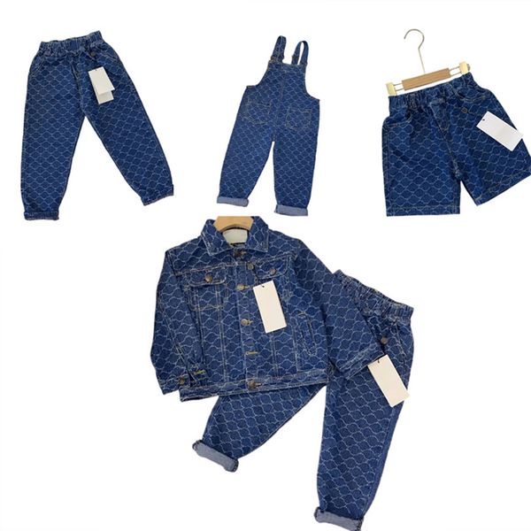 

spring and autumn new designer g06 children's premium jeans susbraces children's denim coat shorts long trousers jacquard alphabet, White