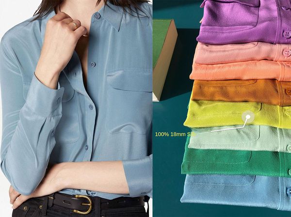 

35 colors spring summer equipment silk blouse shirt long sleeve lapel neck double pockets single-breasted shirts h3f27aszswjfs, White