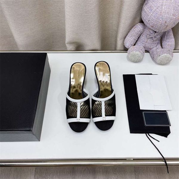 

fashion sandals luxury design 2023 channel women high heel leather letter logo wedding party casual slippers 08-025, Black