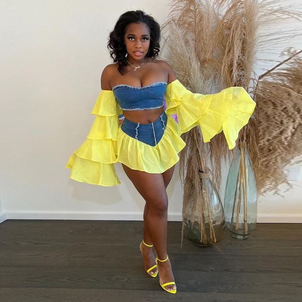 

dress lfrvz 2022 new arrival highend patchwork lace denim novelty club full sleeve + mini skirts skinny women 2 piece set, White