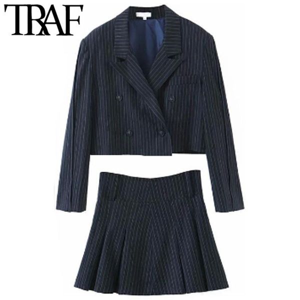 

pants traf woman 2021 fashion skirts suits striped blazers office long sleeve single button short blazer+ mini skirt set coat, White