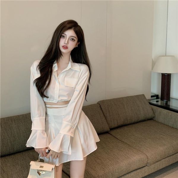 

dress casual 2 piece suit summer white shirt + mini skirt sets women fashion two piece sets chic crop + high waist skirt outfits