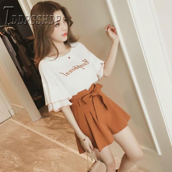 

dress 2019 summer sweet women sets ruffles t shirt and wide leg shorts female sets, White
