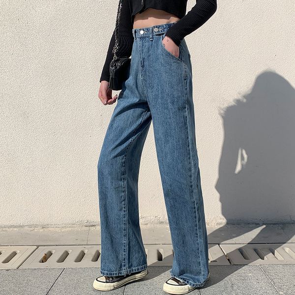 

women's jeans shopping versatile wide leg jeans women's high waist spring loose little daddy pants draping straight pants floor pa, Blue