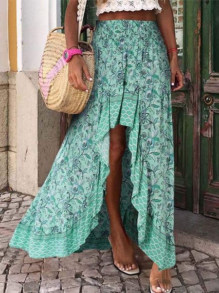 

dresses zanzea bohemian print women skirts 2022 summer asymmetrical ruffle maxi skirts casual lady patchwork holiday faldas oversized 1, Black;gray