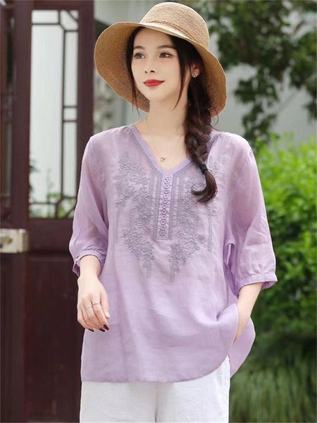 

t-shirt woman spring summer style cotton and linen blouses lady casual half sleeve vneck loose blusas df4375, White