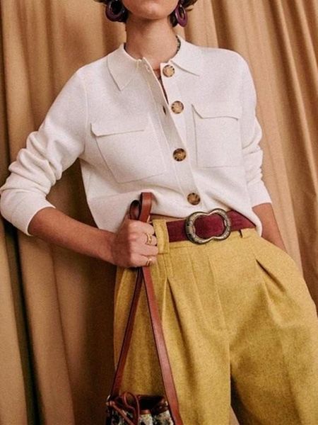 

sweaters women's shirt sweater turndown collar 2 colors long sleeve safari style double pockets simple jumper ladies knit cardigan, White;black