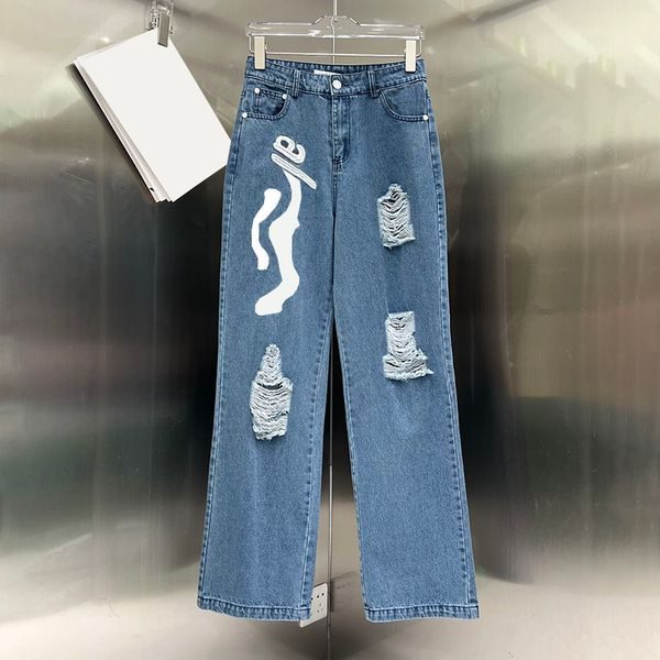 

women denim pants letters hole design jeans causal street style jeans, Black