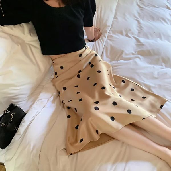 

skirts lucyever silk satin high-waisted skirt for women summer elegant dot printing long skirts female korean office a-line skirts 230427, Black