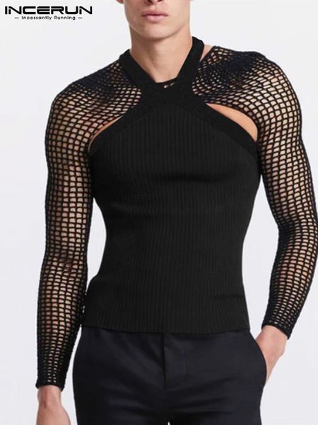 

men's t shirts incerun fashion kaus pria 2023 seksi tembus pandang jaring berongga dua potong set atasan streetwear pesta klub malam pa, White;black