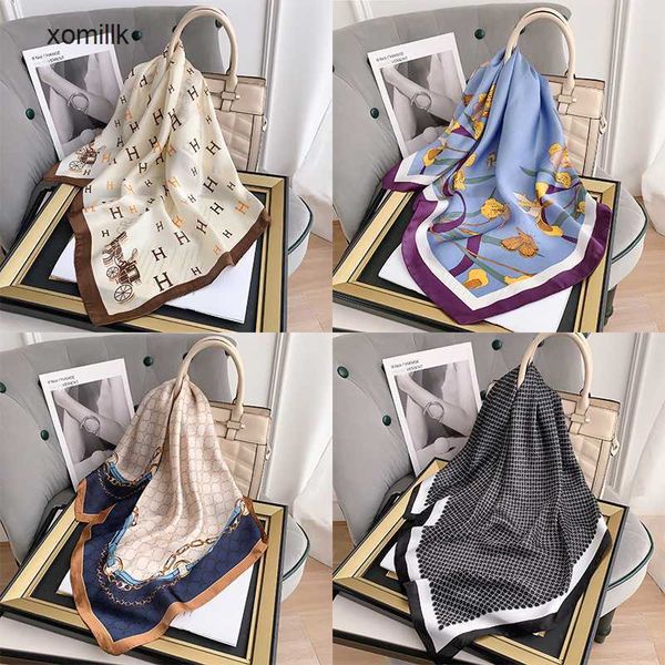 

hermm designer scarves cravat spring and summer new chiffon scarf square korean version h letter sunscreen shawl ins niche 70 women s art, Blue;gray