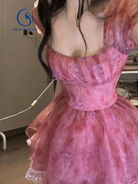

casual dresses pink floral short party lace puff fairy kawaii clothing mini fashion birthday lolita women summer 230426, Black;gray