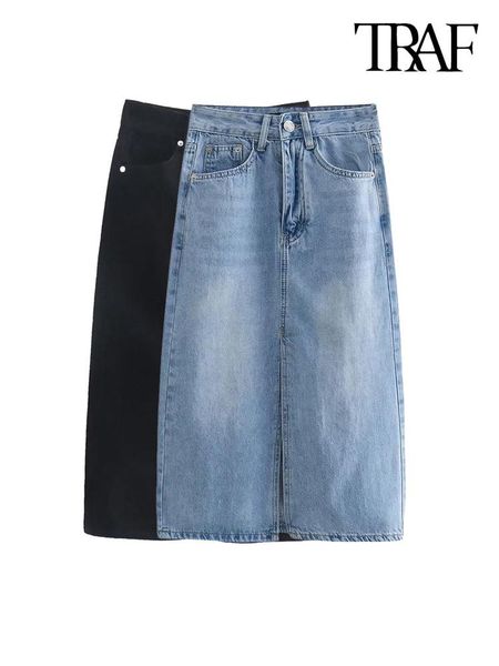 

dresses traf women fashion with five pockets front slit denim midi skirt vintage high waist zipper fly female skirts mujer, White;black