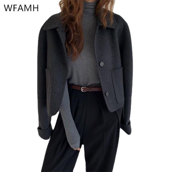 

fur 2021 new style autumn and winter doublesided woolen wool short lapel threebutton cashmere woolen coat women polyester casual, Black