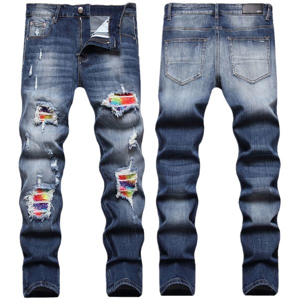 

men's jeans european jean hombre letter star am tiny spot men embroidery patchwork ripped trend brand motorcycle pant mens skinny am117, Blue