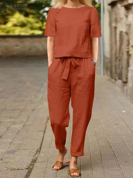 

pants zanzea 2022 vintage women pant sets summer fashion short sleeve o neck wide leg pant 2pcs sets casual loose party home suits, White