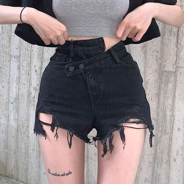 

jeans fashion chic button high waist female blue jeans shorts summer ladies ripped holes shorts women skinny deinim shorts