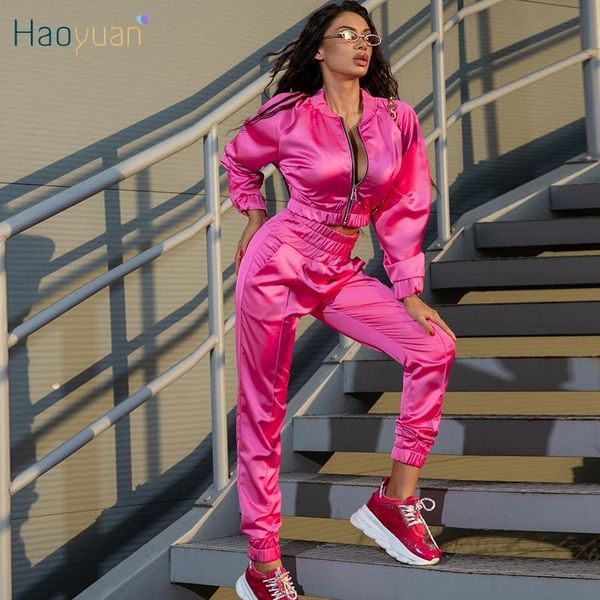 

pants haoyuan two piece set tracksuit zip long sleeve coat pencil pants sporty wear women vintage clothes vacation outfits, White