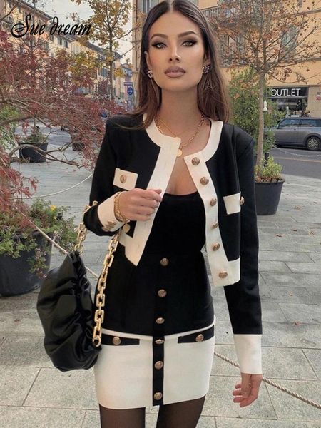 

pants 2021 new high street summer patchwork 2 twopiece set oneck long sleeve pocket button mini bandage dress female short set, White