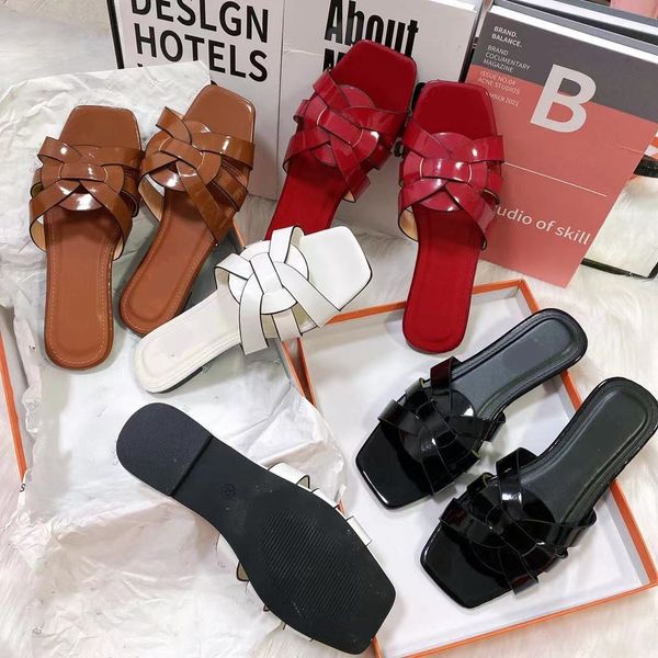 

ys tribute flat mules womens girls leather interwining straps pool slide sandals slipper women designer summer shoes brown patent black whit