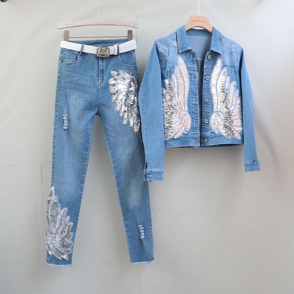 

women s two piece pants setelan denim gaya eropa pakaian modis wanita sayap berpayet jaket pendek celana jeans dua potong 230427, White