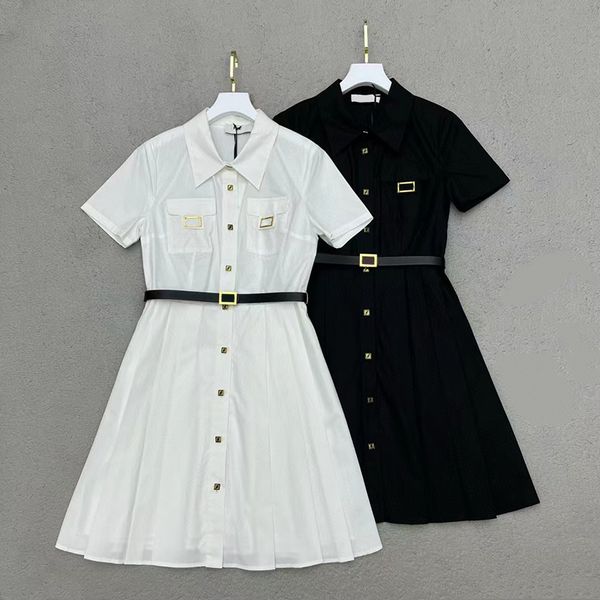 

summer lapel neck dress waist belt dresses women shirt dress 2 colors casual dress designer button girls dress, Black
