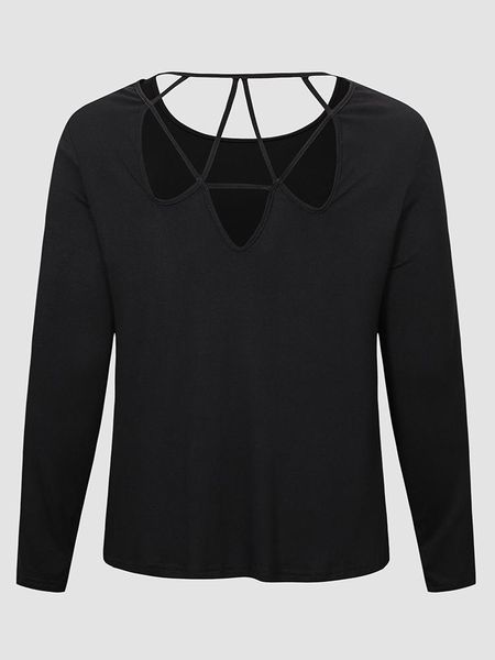 

t-shirt finjani plus size women cut out criss cross back tee backless oneck long sleeves solid summer, Black
