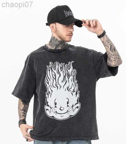 

designer fashion t shirt saint michael demon master flame washed old short sleeve t-shirt, White;black