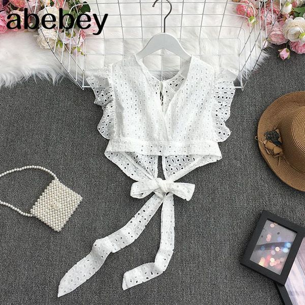 

t-shirt 2022 new summer allmatch vneck sleeveless shirt high waist off navel lace up bow hollow out shirt top, White