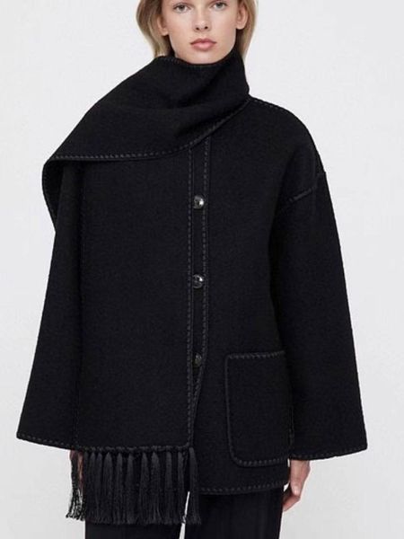 

fur tassel scarf collar woolen coat crochet loose black coat women
