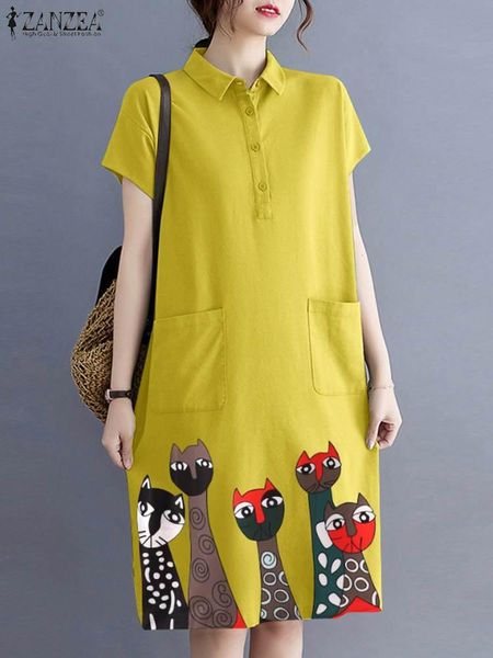 

dresses zanzea 2022 women retro lapel neck short sleeve beach sundress summer vintage floral printed dress casual kneelength vestidos, Black;gray