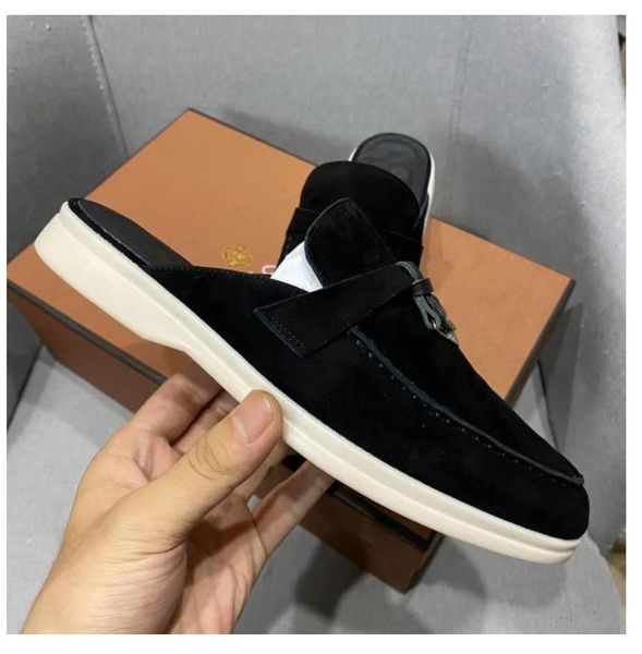 

lp piana summer walk charms embellished suede slippers macaroon luxe mule shoes genuine leather casual slip on flats for women luxury design, Black