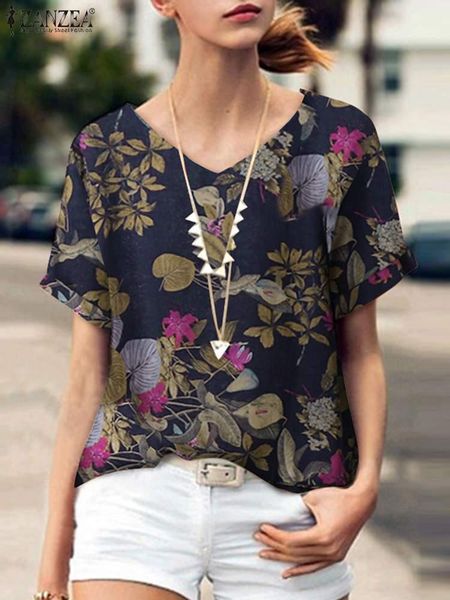 

t-shirt zanzea floral printed blouse femme summer cotton short sleeve vneck bohemian elegant casual holiday loose women shirt, White