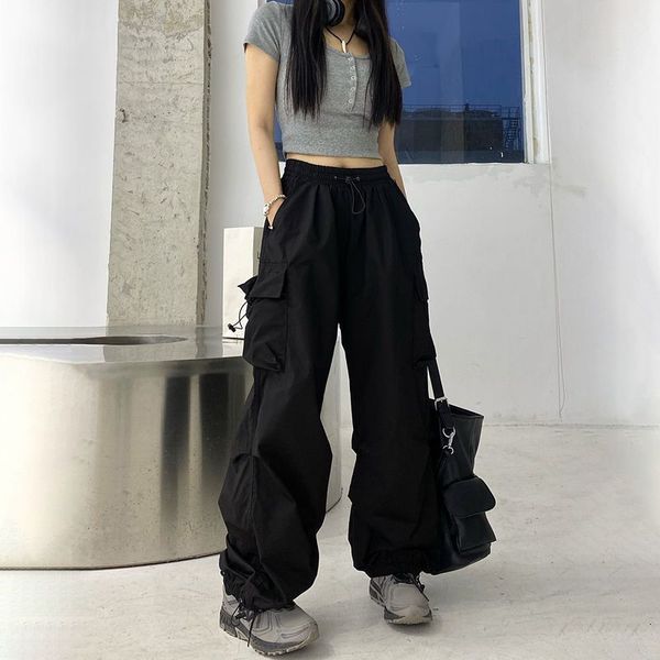 

women's pants s y2k celana kargo streetwear wanita saku lebar techwear jogger panjang lurus longgar solid kasual harajuku korea 230426, Black;white