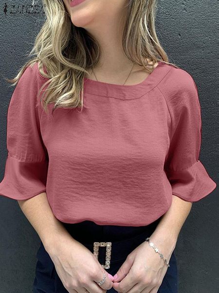 

t-shirt elegant women blouse summer half sleeve ruffles shirt zanzea fashion casual solid work ol blusas female party tunic chemise, White