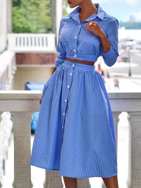 

dress 2022 new fashion spring and autumn temperament long sleeve striped shirt suit skirt twopiece suit women sets, White