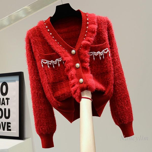 

sweaters red cardigans womens fashion beads vneck longsleeved sweater 2022 spring korean style loose solid color knitwears femme, White;black