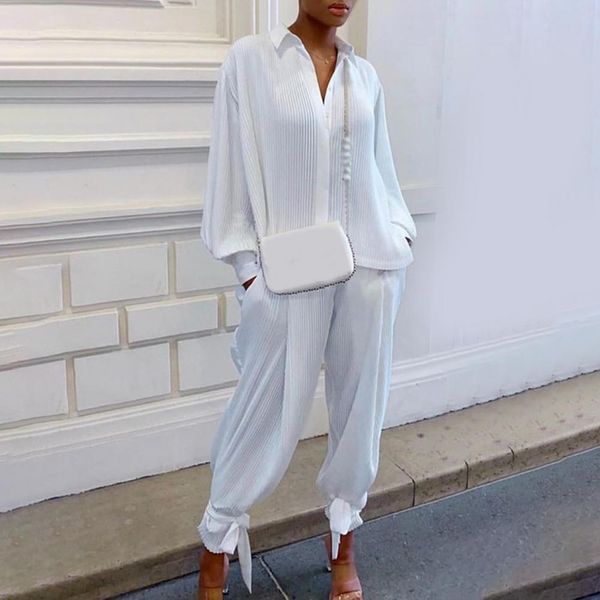 

capris elegant casual twopiece suit women vneck shirts + solid long high waist pants vintage loose office lady suits, Black;white
