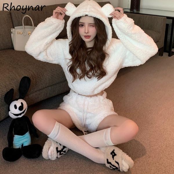 

dress 2 piece sets women winter thicken warm solid kawaii fashion new crop hooded allmatch tender cozy slouchy female korean style, White