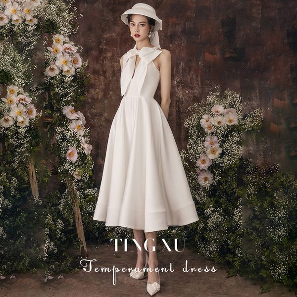 

new arrival cocktail dresses high neck white bow temperament sleeveless tea-length dubai arabia vintage evening prom party gowns, Black